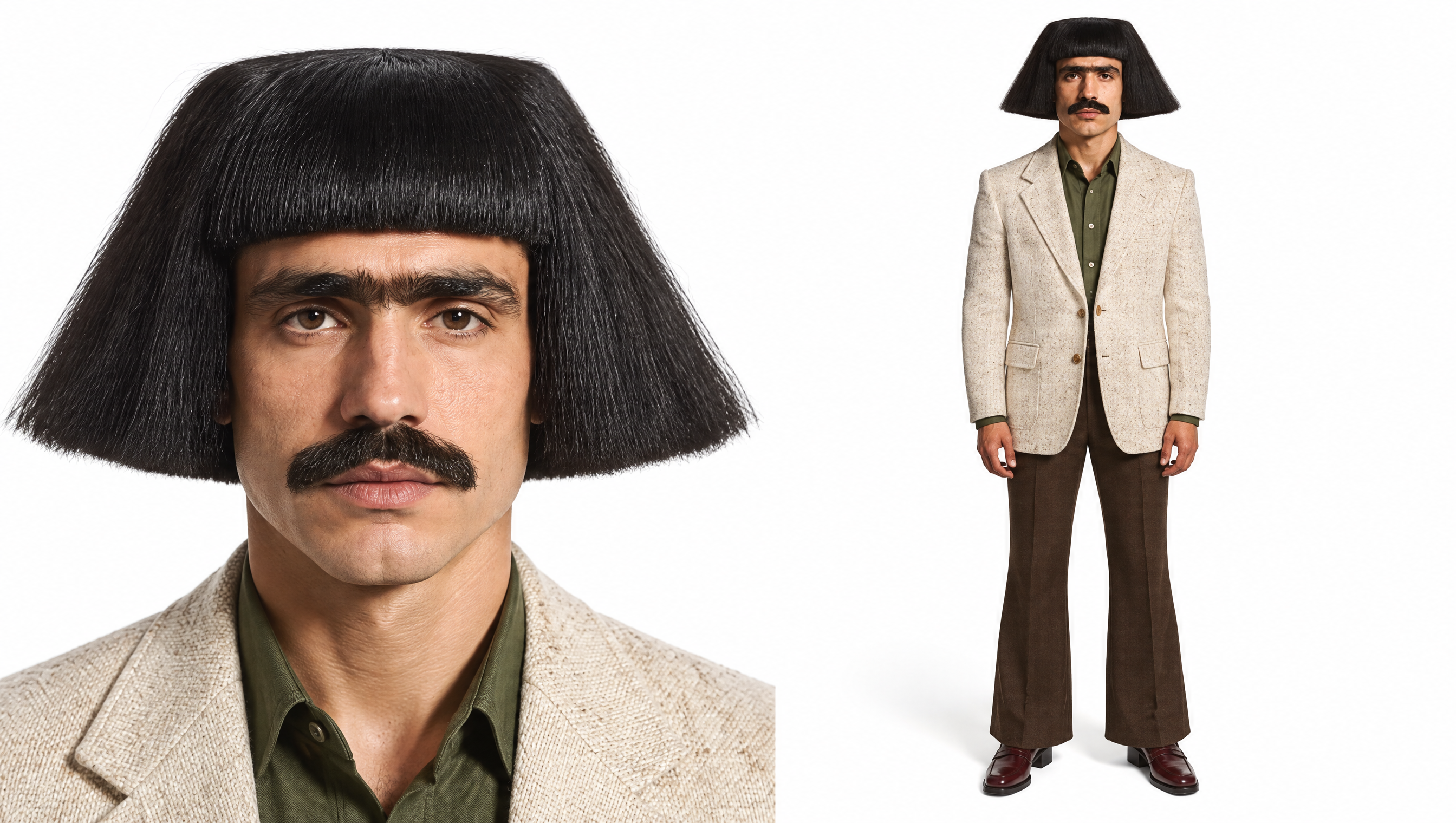 Shanbor with his unmistakable bob haircut, mustache, cream jacket and flared brown trousers